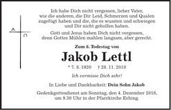 Traueranzeige Jakob Lettl