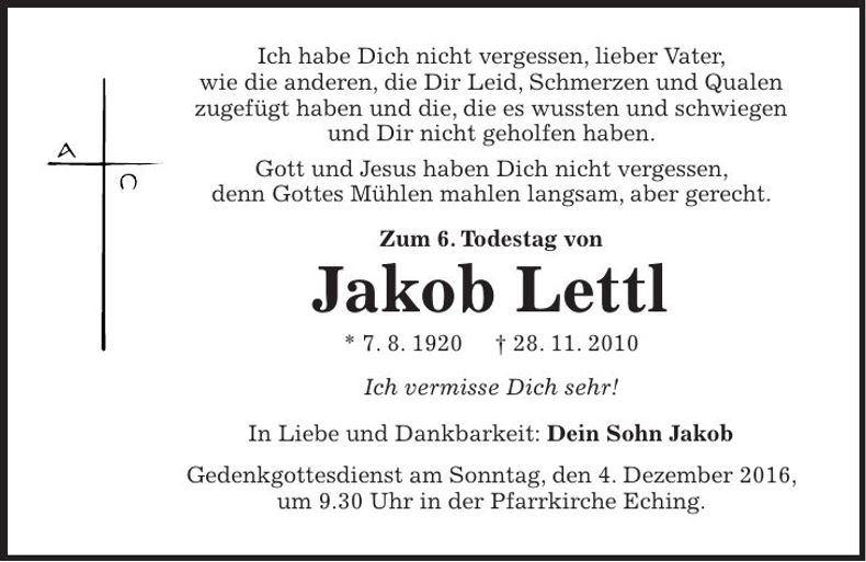 Traueranzeige Jakob Lettl