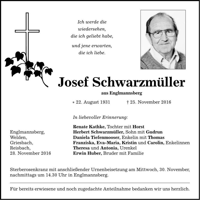 Traueranzeige Josef Schwarzmüller