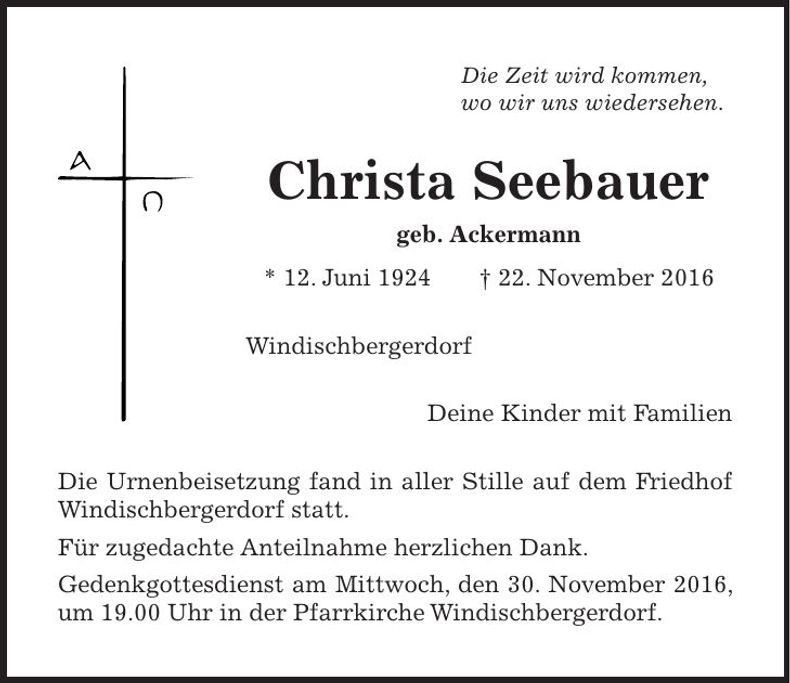 Traueranzeige Christa Seebauer