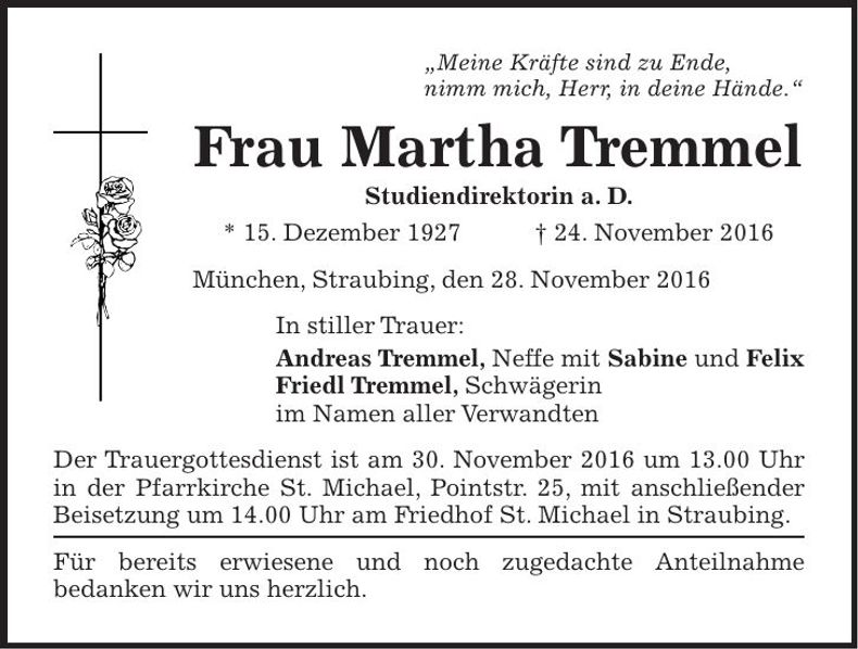 Traueranzeige Martha Tremmel