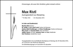 Traueranzeige Max Ristl