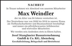 Traueranzeige Max Weindler