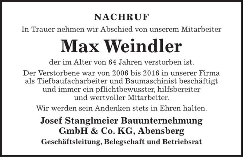 Traueranzeige Max Weindler