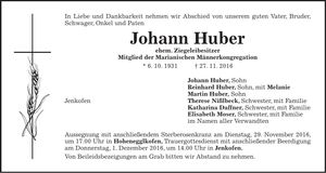 Traueranzeige Johann Huber
