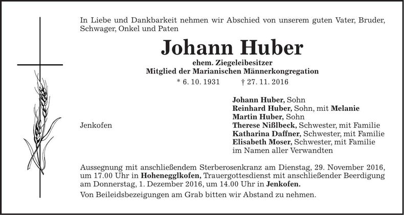 Traueranzeige Johann Huber