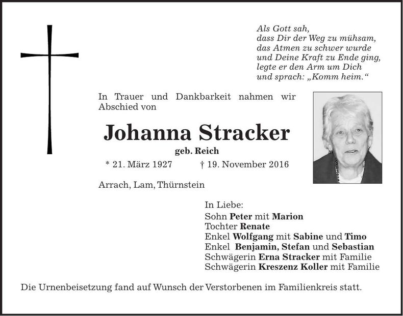 Traueranzeige Johanna Stracker