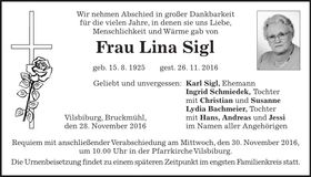 Traueranzeige Lina Sigl