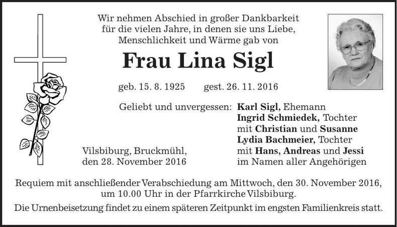 Traueranzeige Lina Sigl