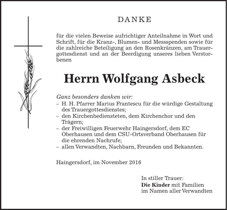 Traueranzeige Wolfgang Asbeck