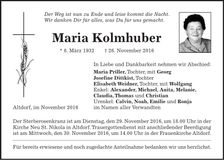 Traueranzeige Maria Kolmhuber