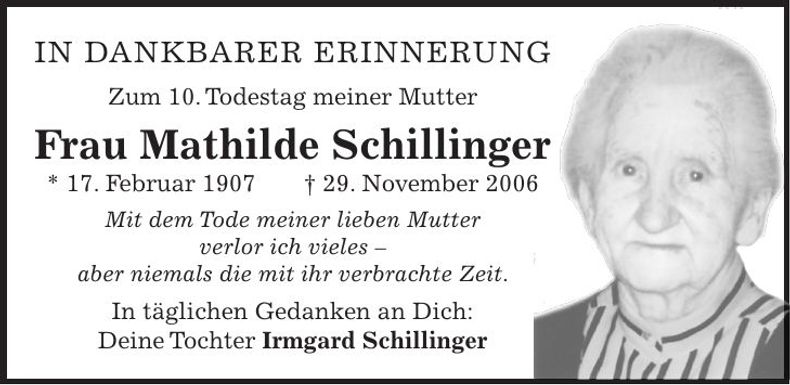 Traueranzeige Mathilde Schillinger