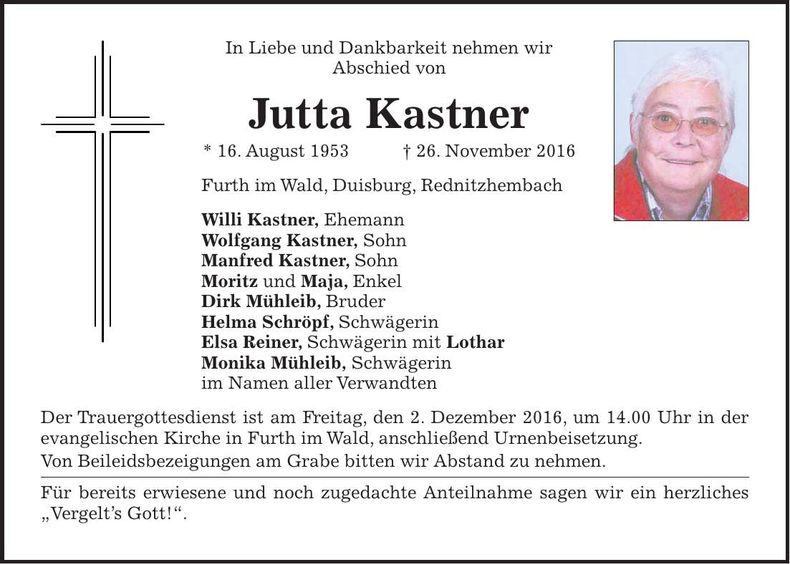 Traueranzeige Jutta Kastner