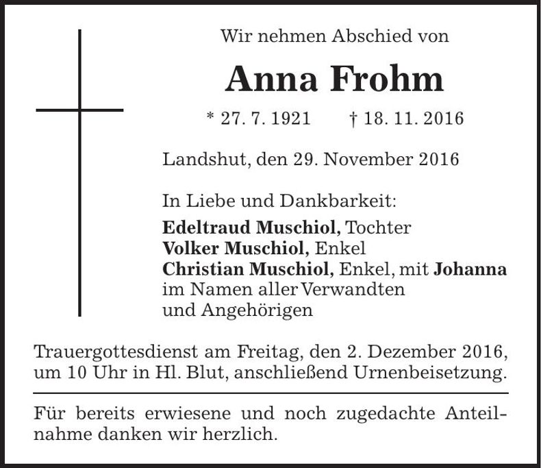 Traueranzeige Anna Frohm