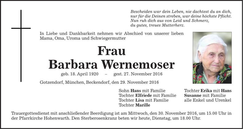 Traueranzeige Barbara Wernemoser