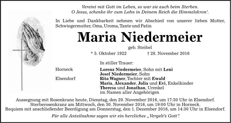 Traueranzeige Maria Niedermeier