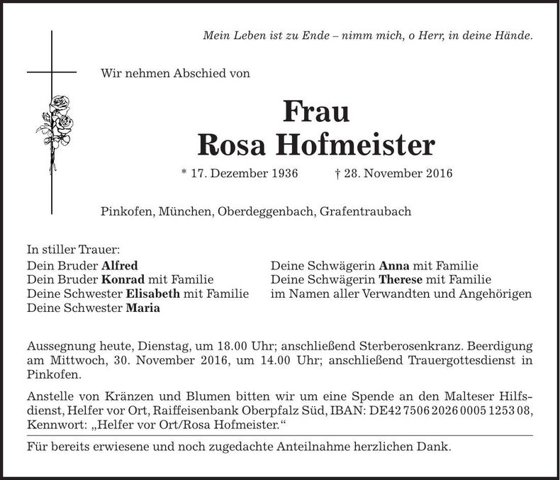 Traueranzeige Rosa Hofmeister