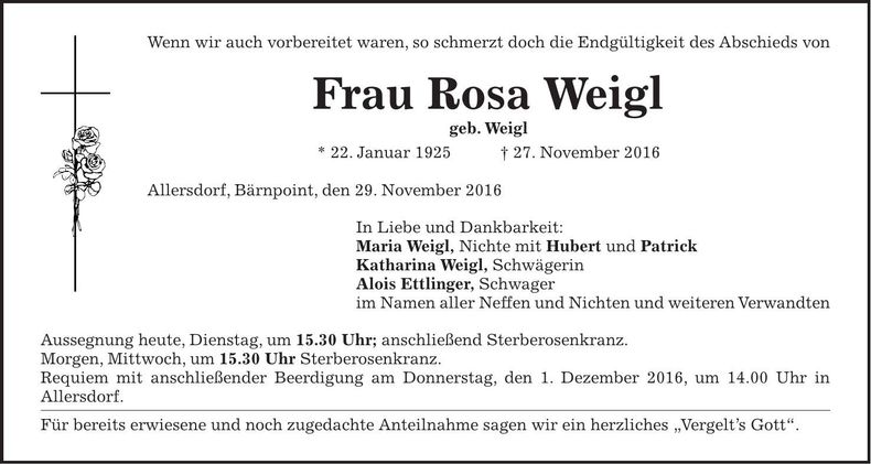 Traueranzeige Rosa Weigl