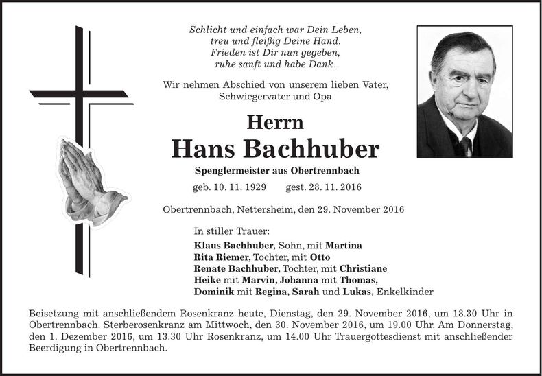 Traueranzeige Hans Bachhuber