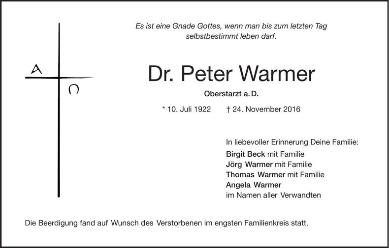 Traueranzeige Peter Warmer