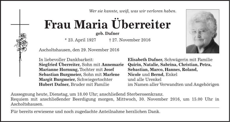 Traueranzeige Maria Überreiter