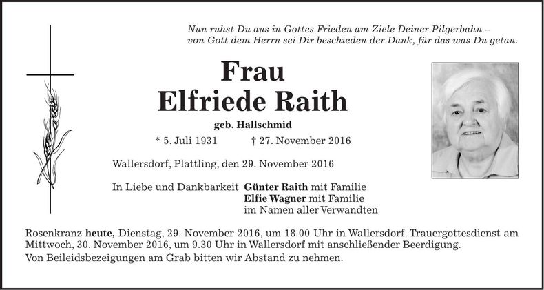 Traueranzeige Elfriede Raith