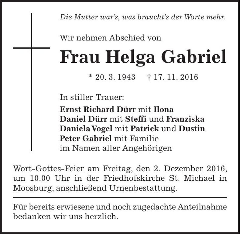 Traueranzeige Helga Gabriel