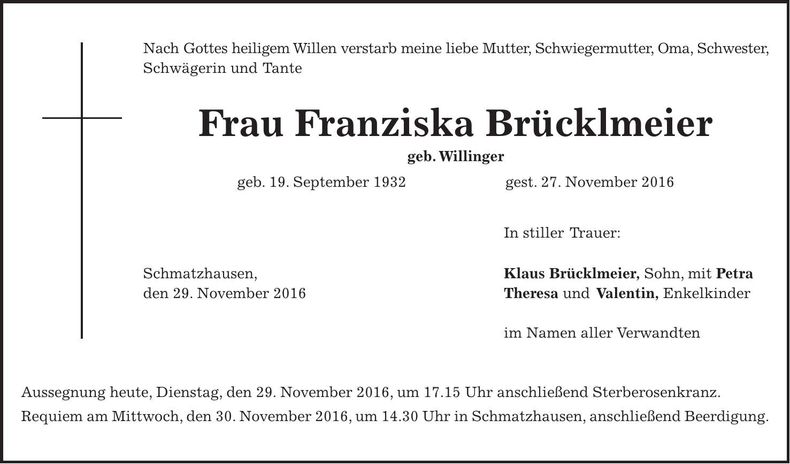 Traueranzeige Franziska Brücklmeier