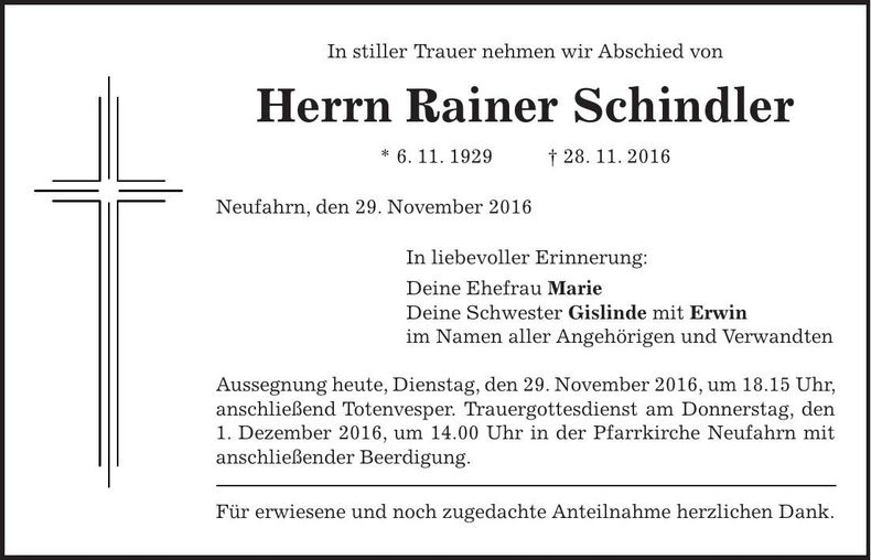 Traueranzeige Rainer Schindler