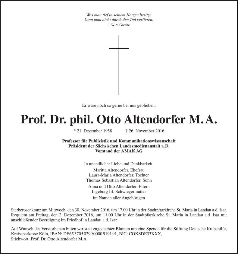 Traueranzeige Otto Altendorfer