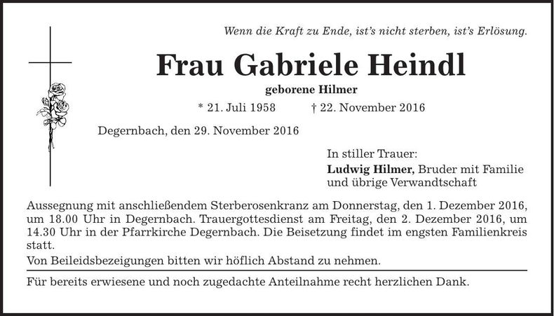 Traueranzeige Gabriele Heindl