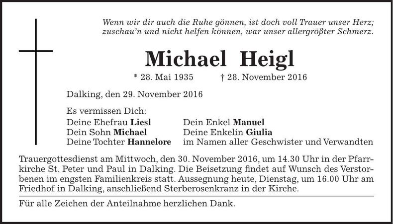 Traueranzeige Michael Heigl