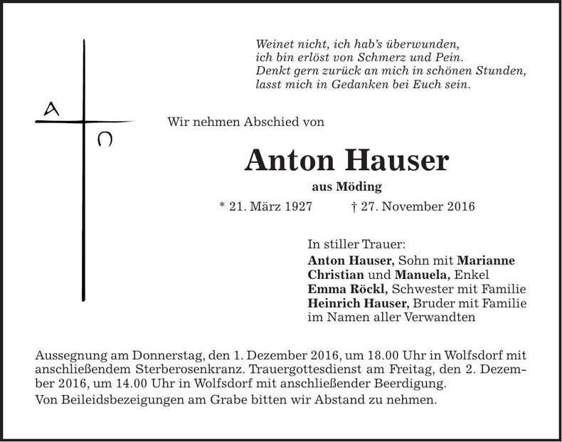 Traueranzeige Anton Hauser