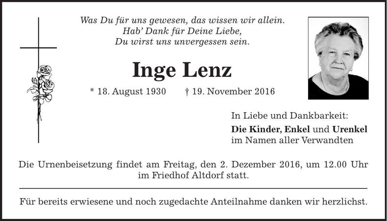 Traueranzeige Inge Lenz
