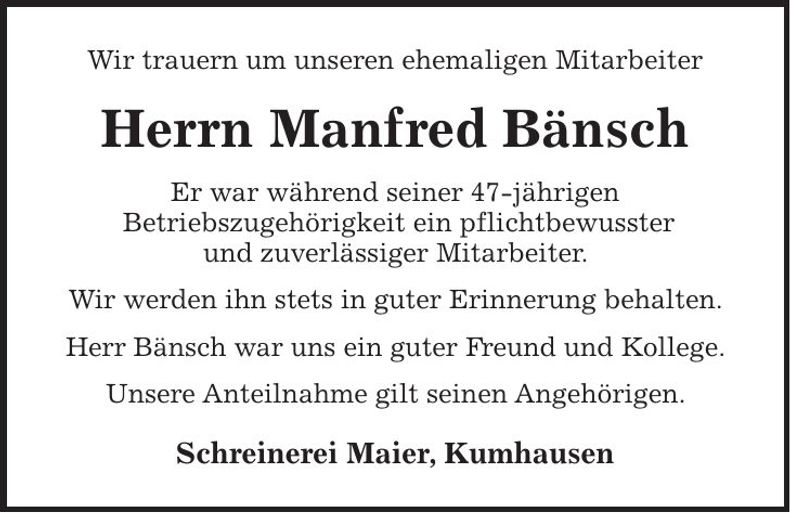 Traueranzeige Manfred Bänsch
