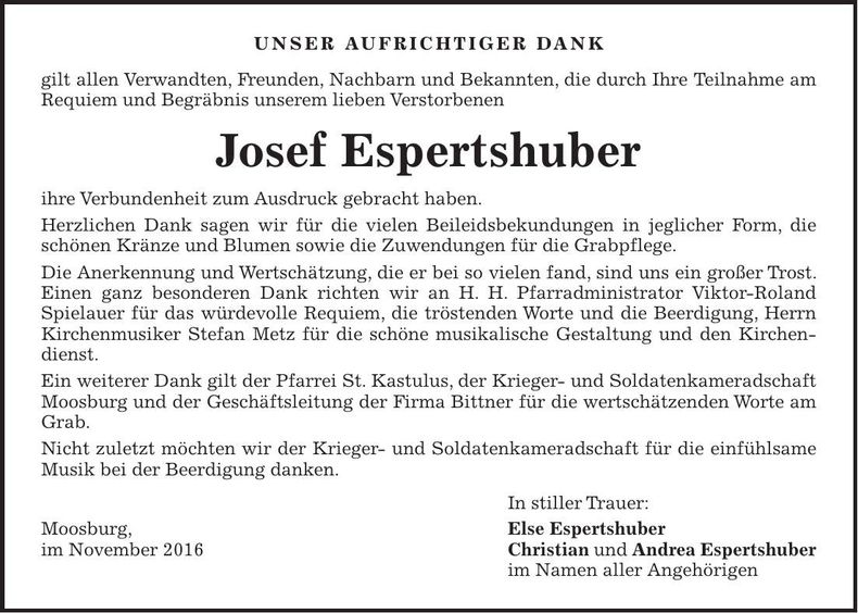 Traueranzeige Josef Espertshuber