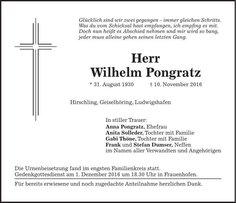 Traueranzeige Wilhelm Pongratz