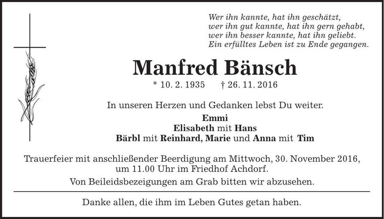 Traueranzeige Manfred Bänsch