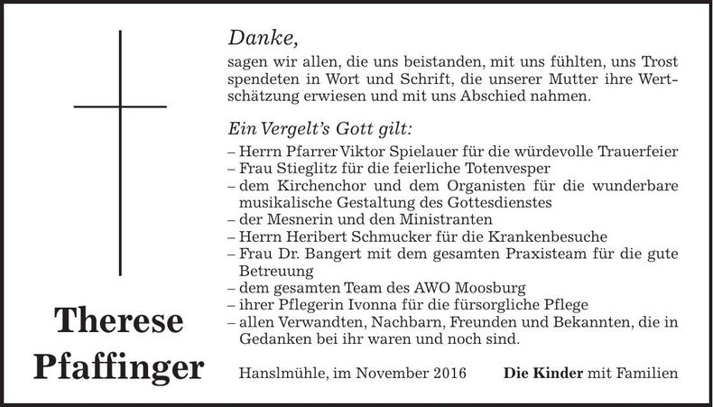 Traueranzeige Therese Pfaffinger
