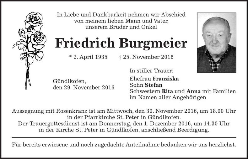 Traueranzeige Friedrich Burgmeier