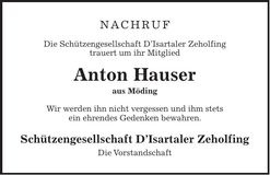 Traueranzeige Anton Hauser