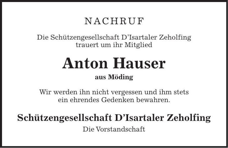 Traueranzeige Anton Hauser