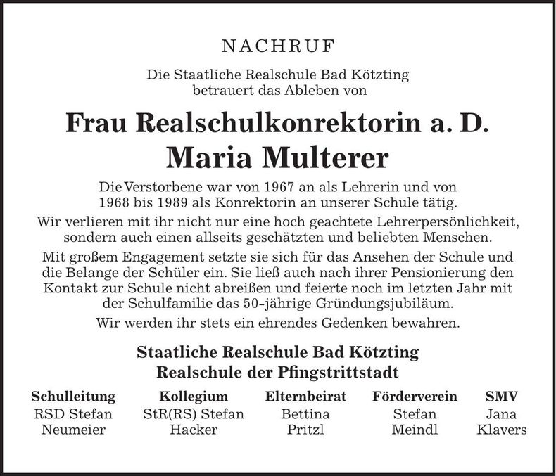 Traueranzeige Maria Multerer