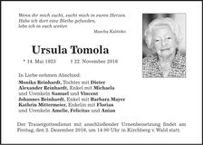 Traueranzeige Ursula Tomola