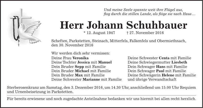 Traueranzeige Johann Schuhbauer