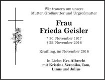 Traueranzeige Frieda Geisler