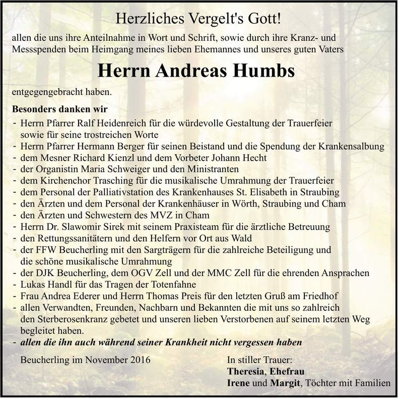 Traueranzeige Andreas Humbs