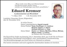 Traueranzeige Eduard Kremser