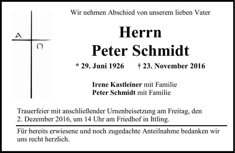 Traueranzeige Peter Schmidt