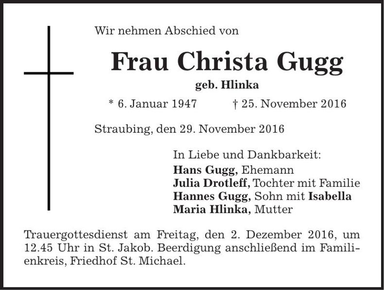 Traueranzeige Christa Gugg